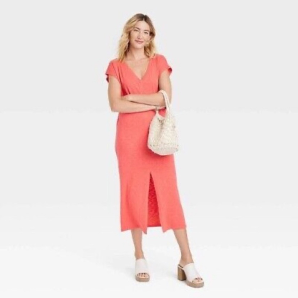 Coral Midi Dress with V-Neck